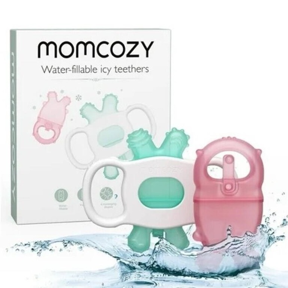 NWT Momcozy Fillable Cold Water Teethers, 2 pack + Holder, Pink & Green, 0-12M - Picture 2 of 5